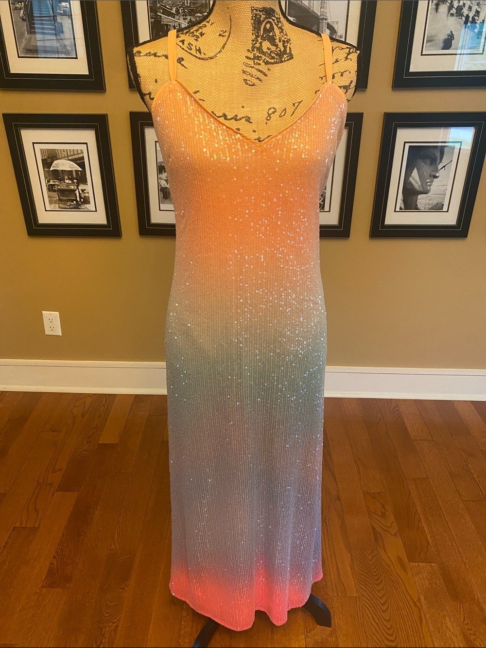 Steve Madden Sparkle Ombre Maxi Dress in Peach, Light Blue, Coral. Sz 4 NWT - Picture 4 of 7
